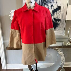 Coldwater Creek trench Jacket / color block coat Red Tan Bell Sleeves Size 12